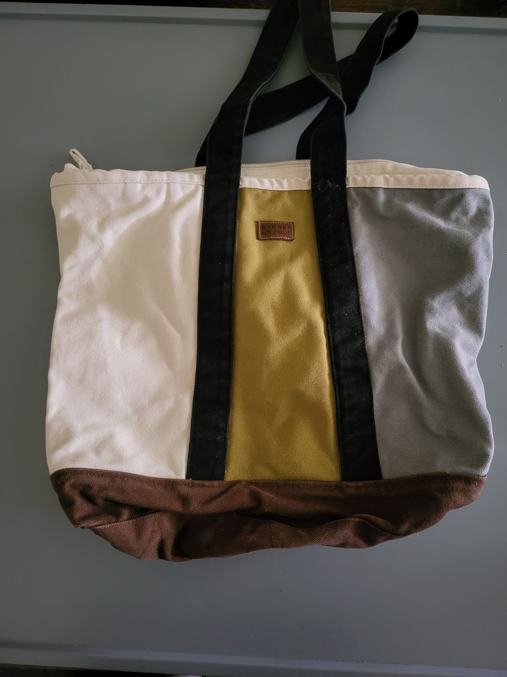 Barnes & Noble Colorblock Canvas Tote in Cream, Olive & Gray with Black Straps